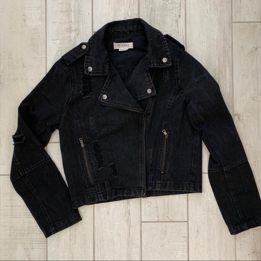 Ci Sono Black distressed denim cropped Moto jacket